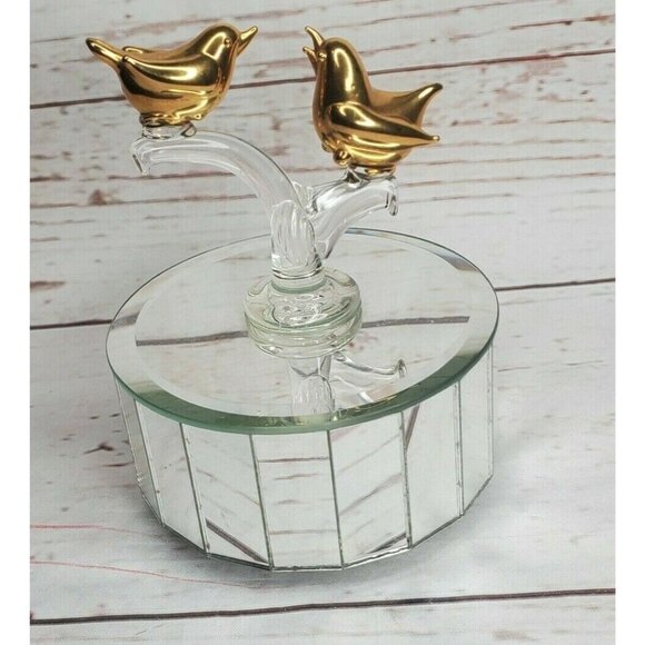 Gold-Tone Bird Figurines on Mirrored Rotating Base | Elegant Decorative Piece - Picture 1 of 12